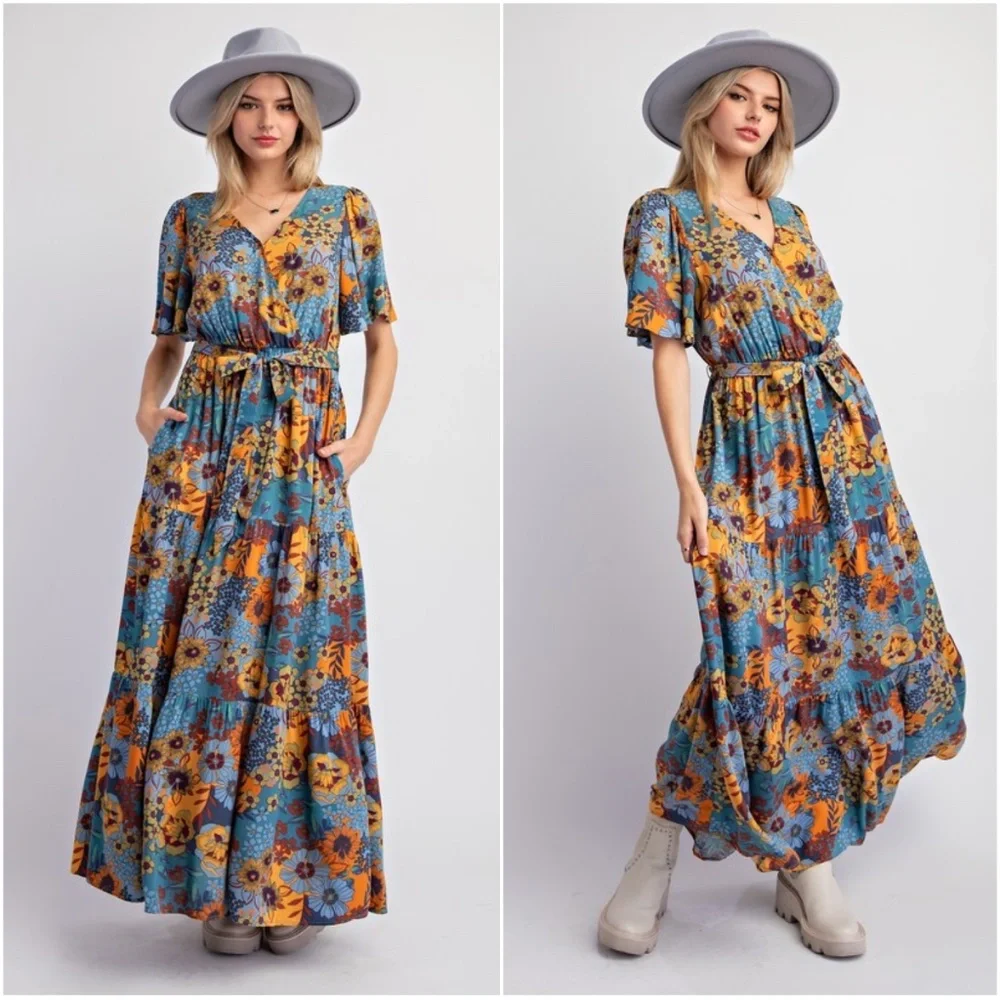 NWOT Easel Boho Floral Maxi Dress - Blue and Orange - Picture 2 of 3